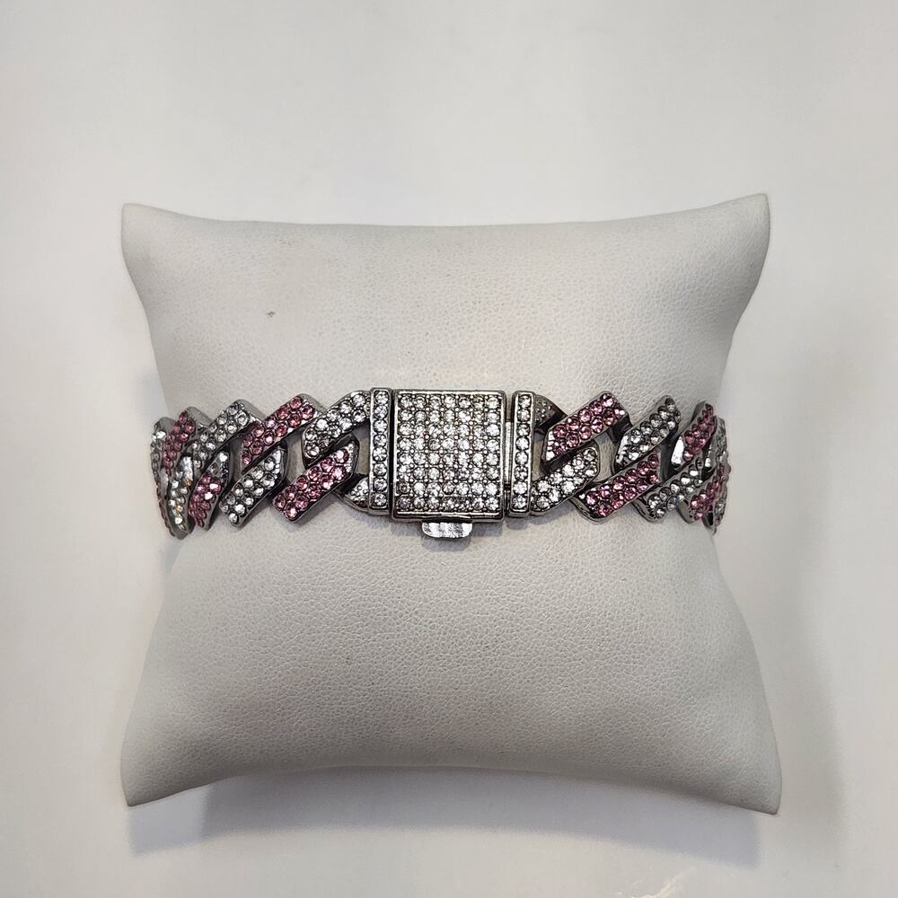 Pink Clear Crystal Pave Link Chain Bracelet Fashion Jewelry Bling Silver Tone